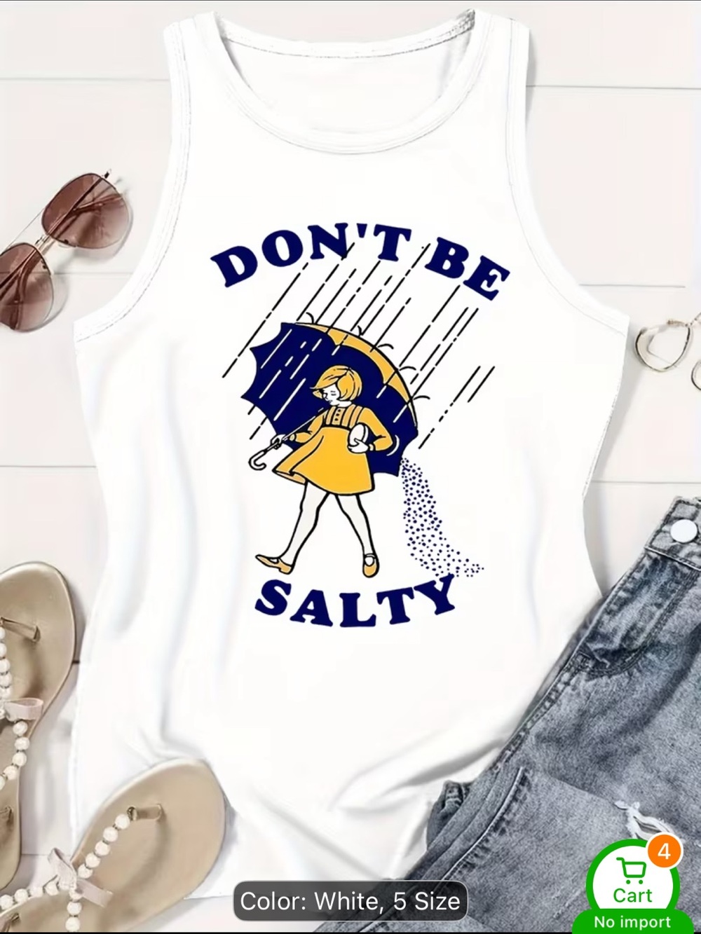 Don't Be Salty White Graphic Tank - Yellow & Navy Umbrella Design